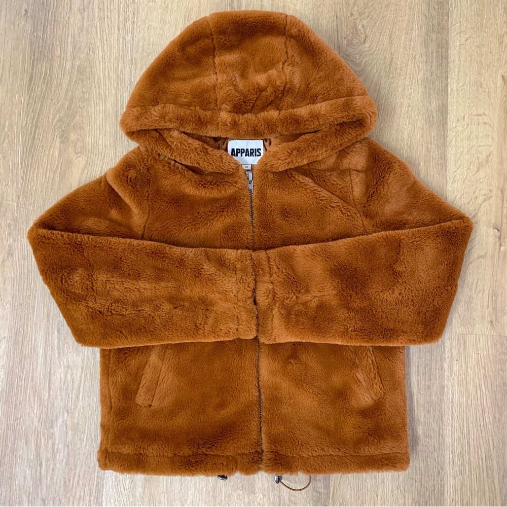 Apparis Faux Fur Full Zip Hooded Jacket Drawstring Camel Brown Women's Size XS